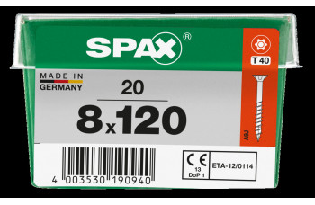 SPAX HOUTCONSTRUCTIESCHROEF 8X120MM DEELDR VZ PK TORX T40 DOOS 20 ST.