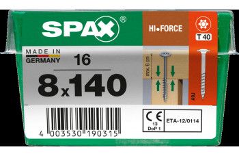 SPAX HI.FORCE SCHROEF 8X140 MM DEELDR VZ TELLERKOP TORX T40 DS 12 ST.