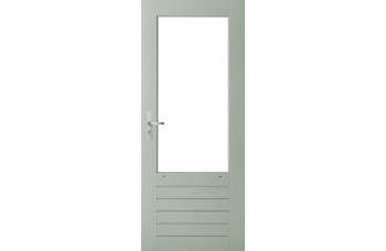 WEEKAMP STAPELDORPELDEUR WK046 88 X 2115 CM DEURDIKTE 38 MM BORSTWERINGHOOGTE 664 MM FSC® HARDWOOD VOL GEVINGERLAST GEGROND RAL 7035 VENTILATIESLEUVEN ISOGLASLATTEN